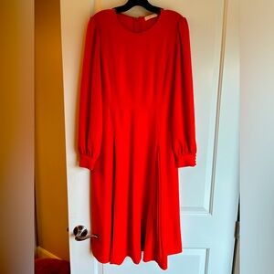 Tory Burch red long ballon sleeve dress with pleated skirt